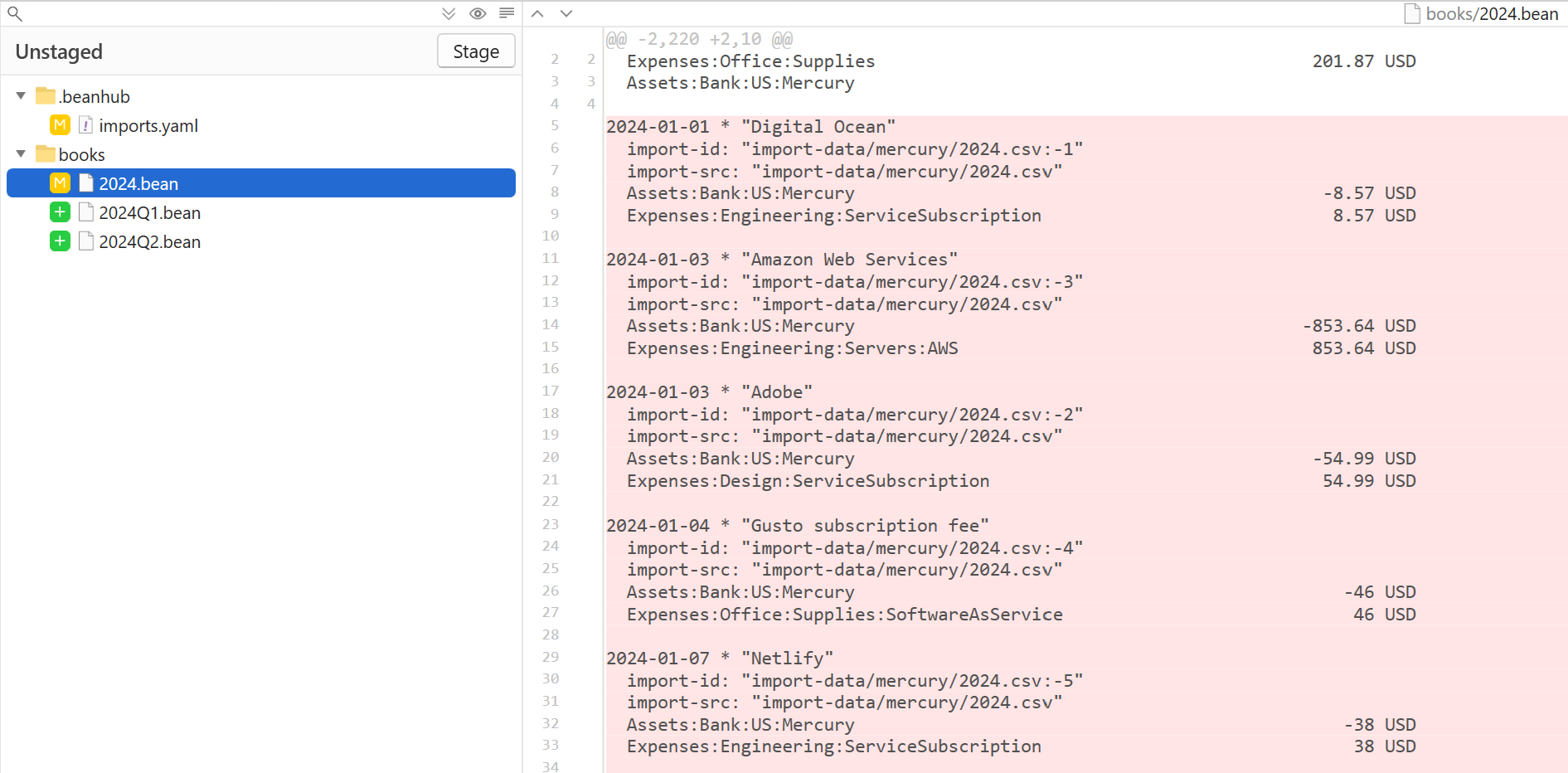 Git diff screenshot showing Beancount transactions removed from the books/2024.bean file and new quater beancount files added