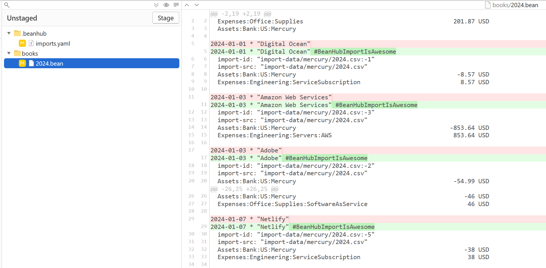 Git diff screenshot showing new tags added to all imported Beancount transactions